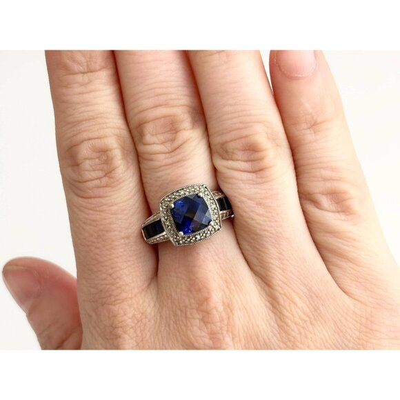 Blue Sapphire Cushion Cut Faceted 925 Sterling Silver Vintage Ring - sz 7 - Picture 9 of 12